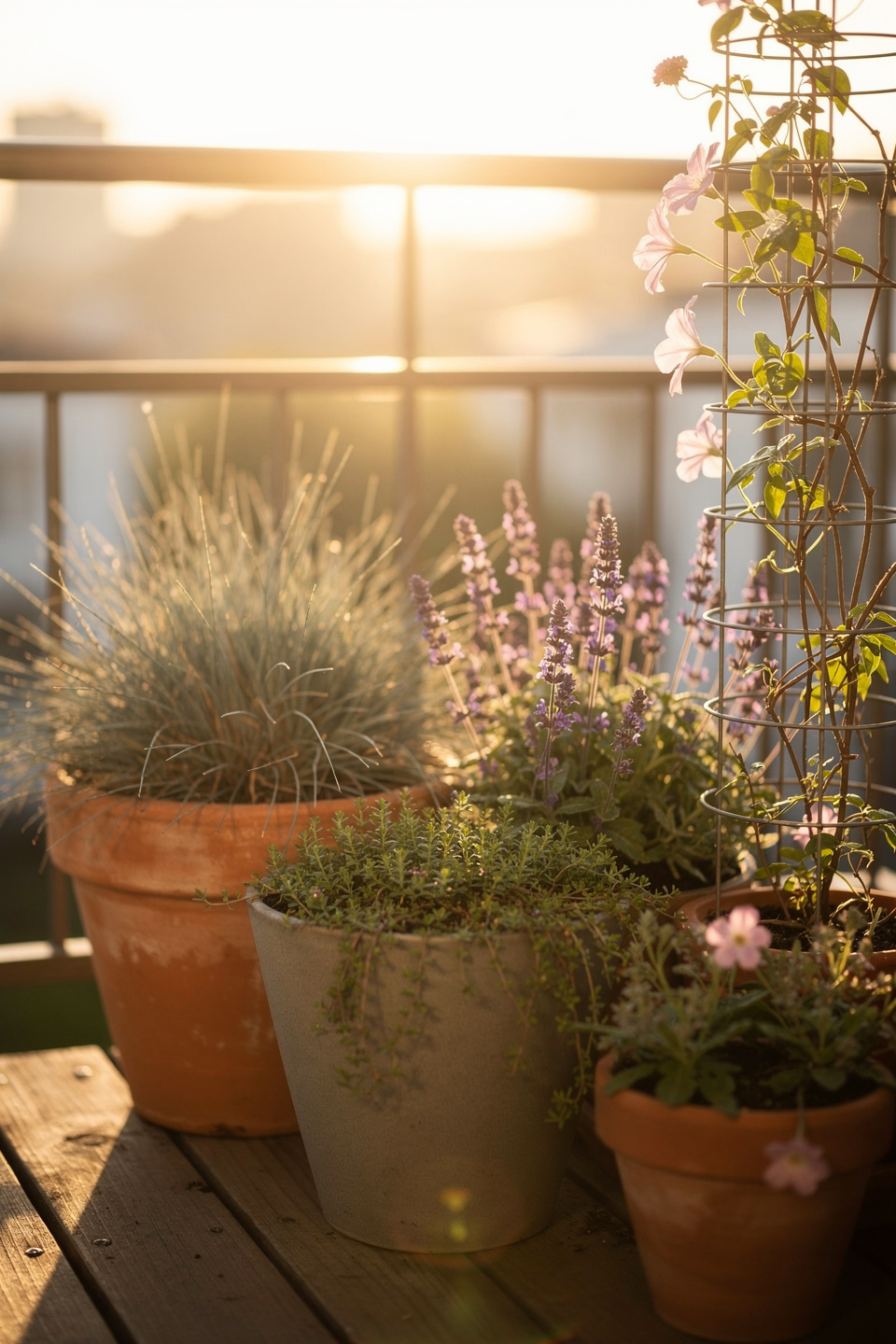 Bepflanzter Balkon im japanischen Zen-Stil mit weichem Morgenlicht